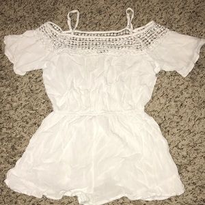 white romper, scalloped bottoms, off the shoulder